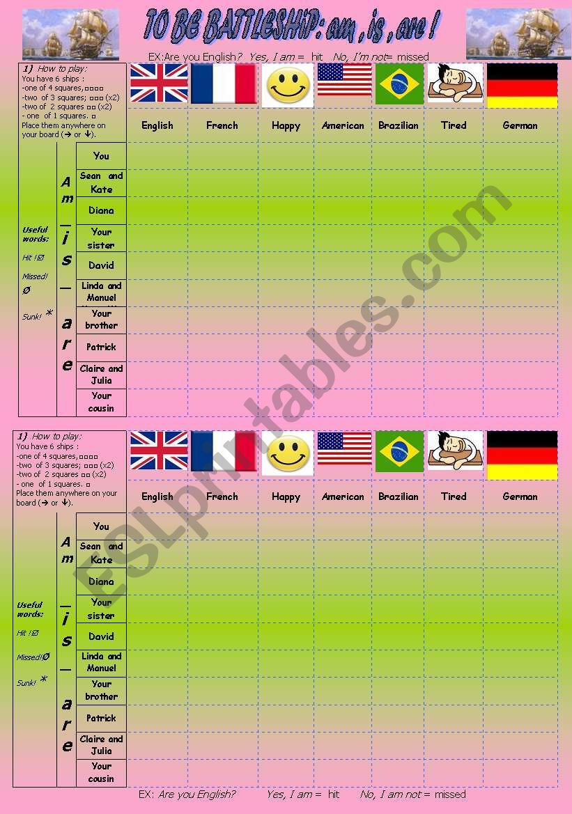 AM - IS - ARE - BATTLESHIP worksheet