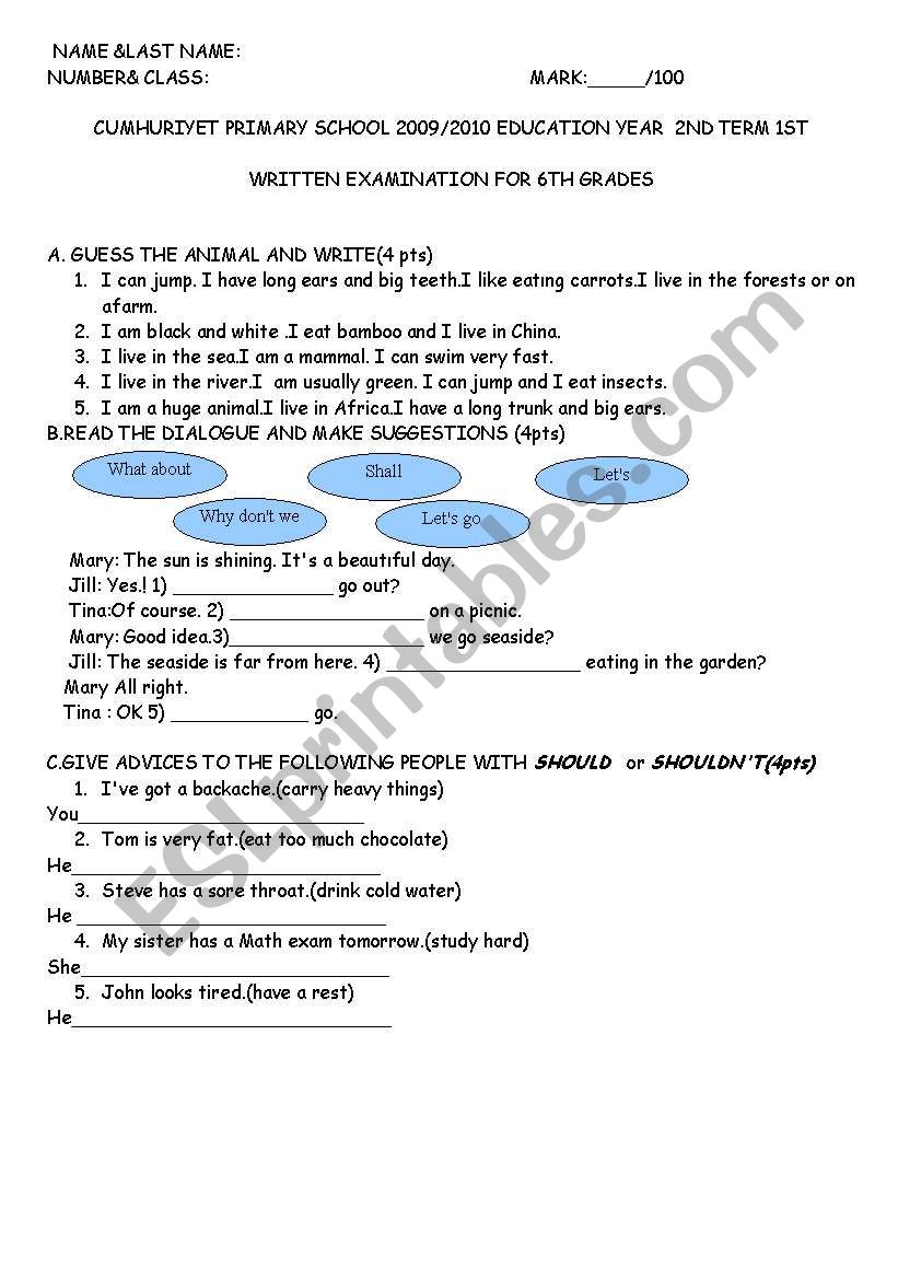  6th grades 2nd term first exam paper