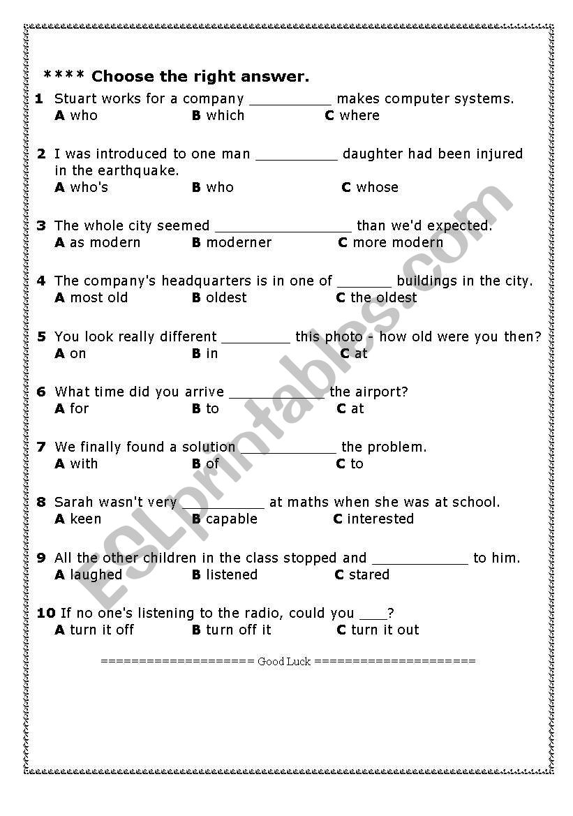 prepositions test worksheet