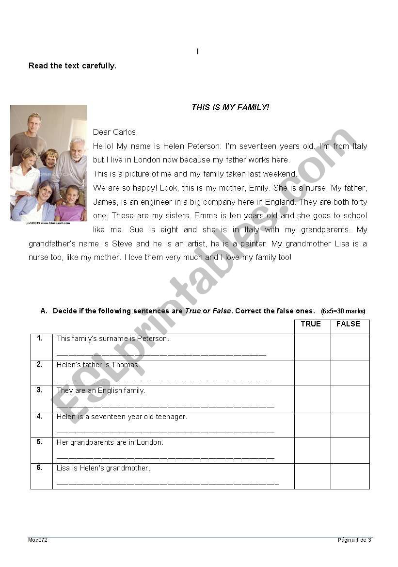family test worksheet