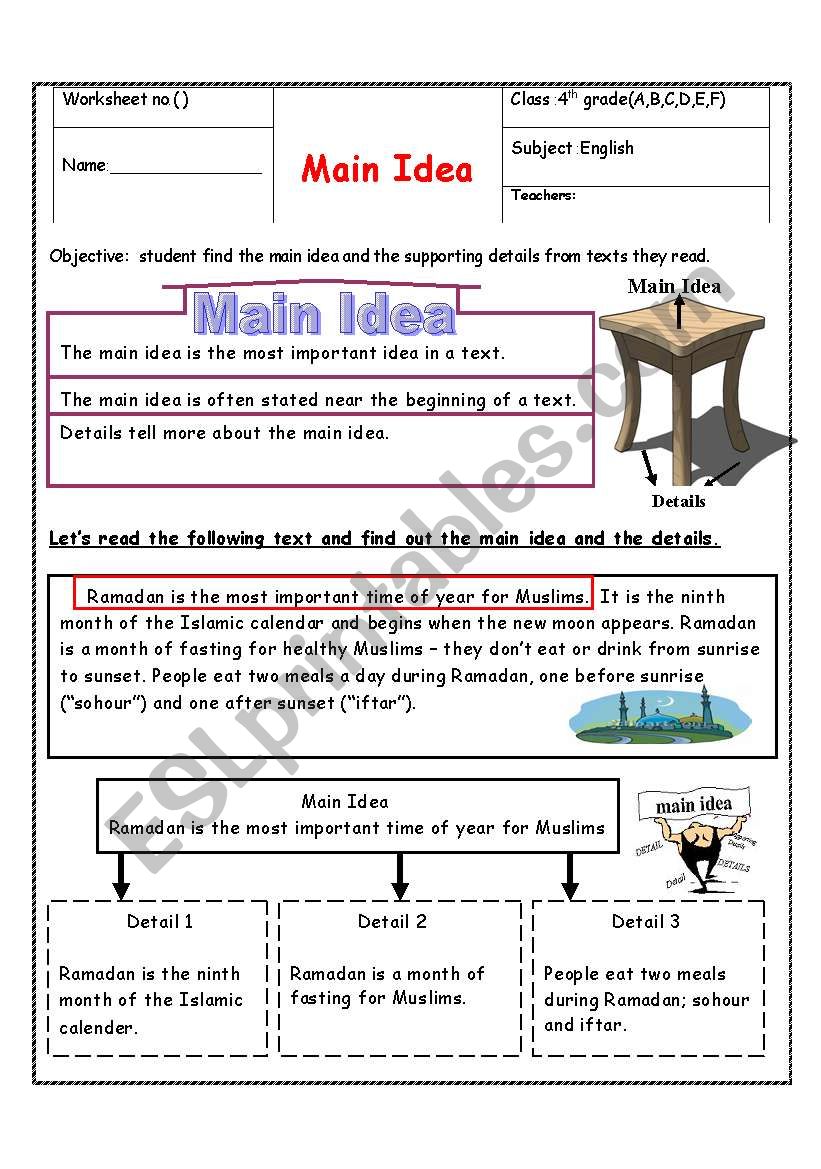 main idea - ESL worksheet by manar.k Throughout Main Idea Worksheet 4th Grade