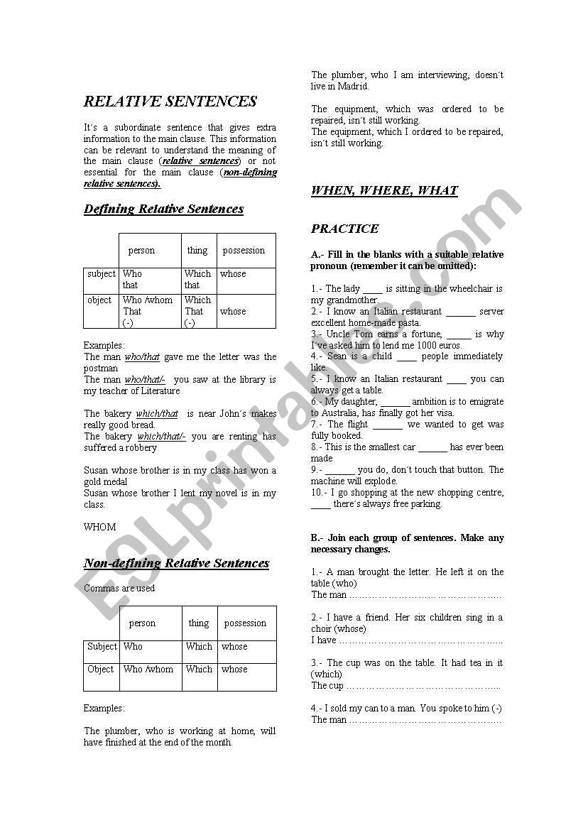 RELATIVE SENTENCES worksheet