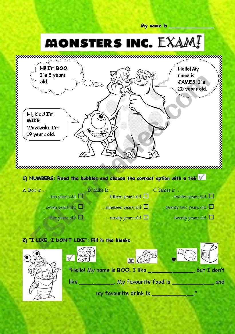 Monsters Inc. Exam! (2nd) worksheet