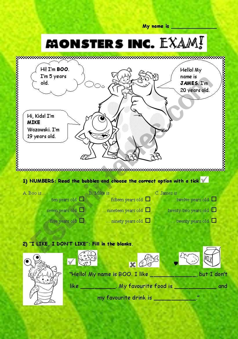 Monsters Inc. Exam! (2nd) worksheet