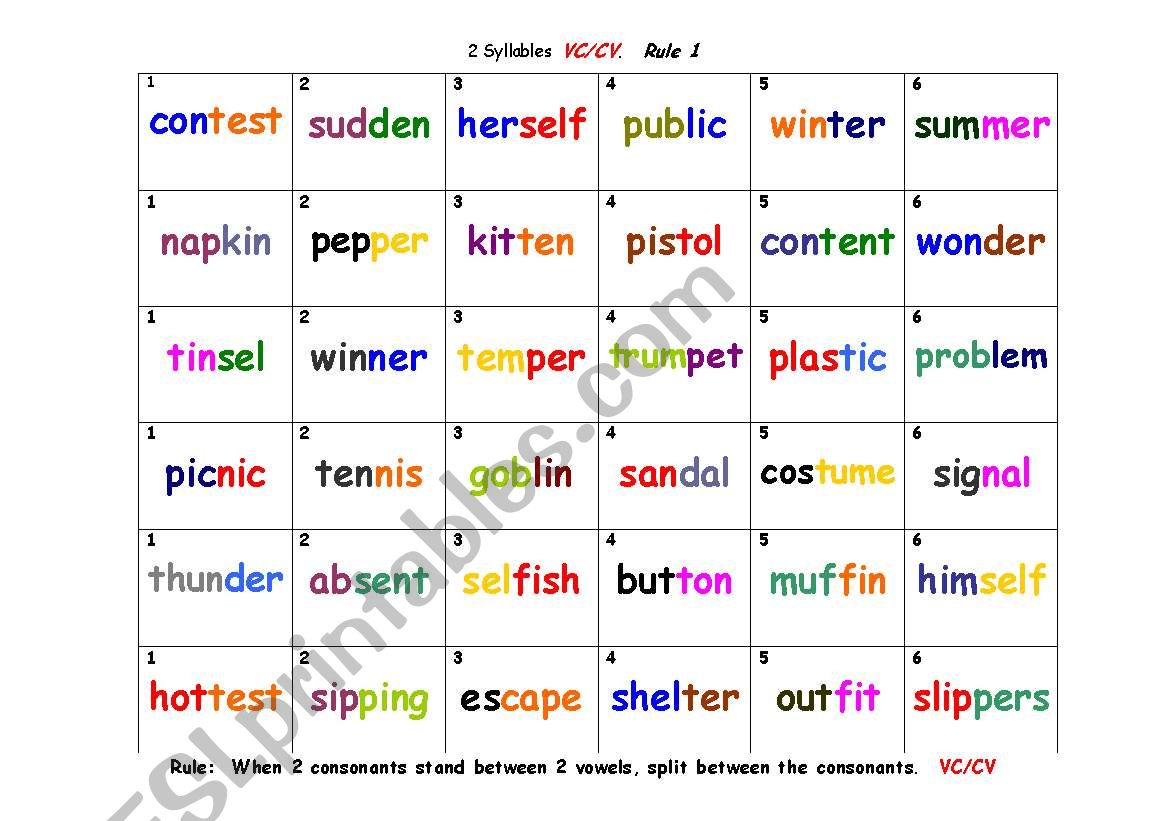 4inarowsyllables worksheet