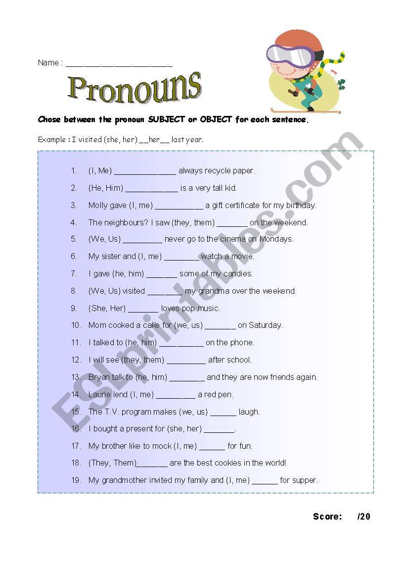 Pronouns (Object or Subject) worksheet