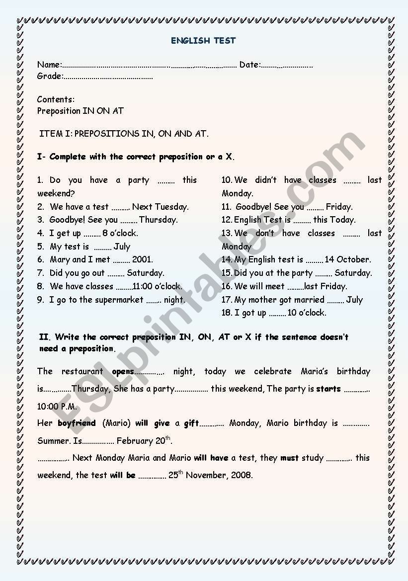 test about prepositions in, on and at