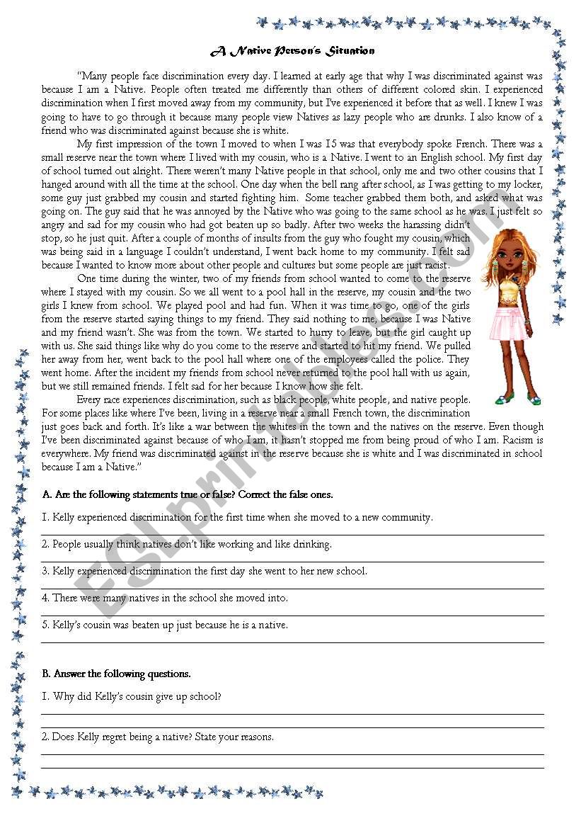 A Native Persons Situation worksheet