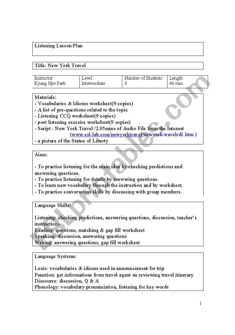 listening lesson plan worksheet