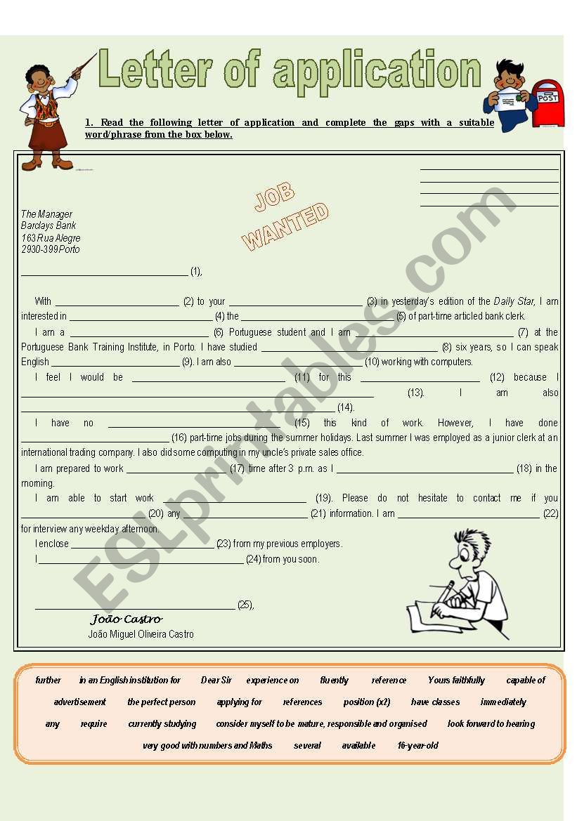job application letter worksheet