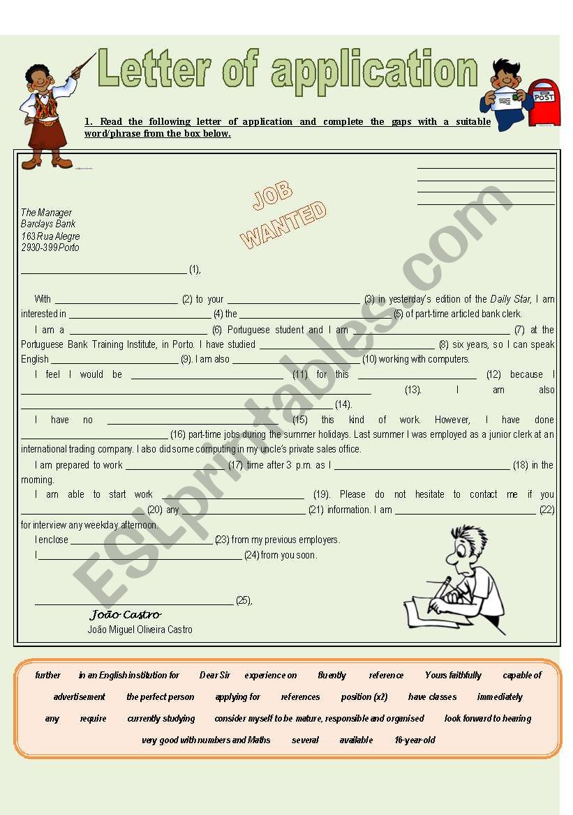 worksheet application letter