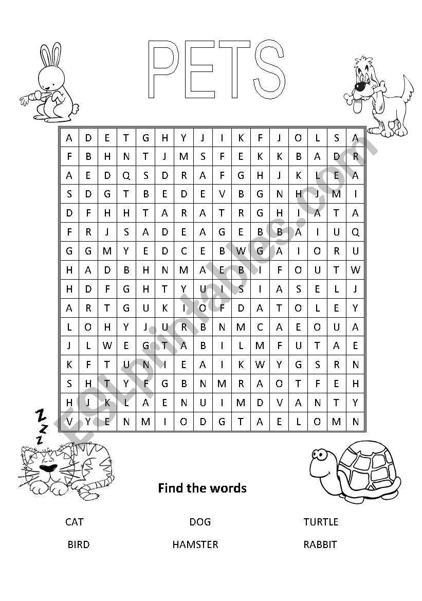 Pets word search worksheet