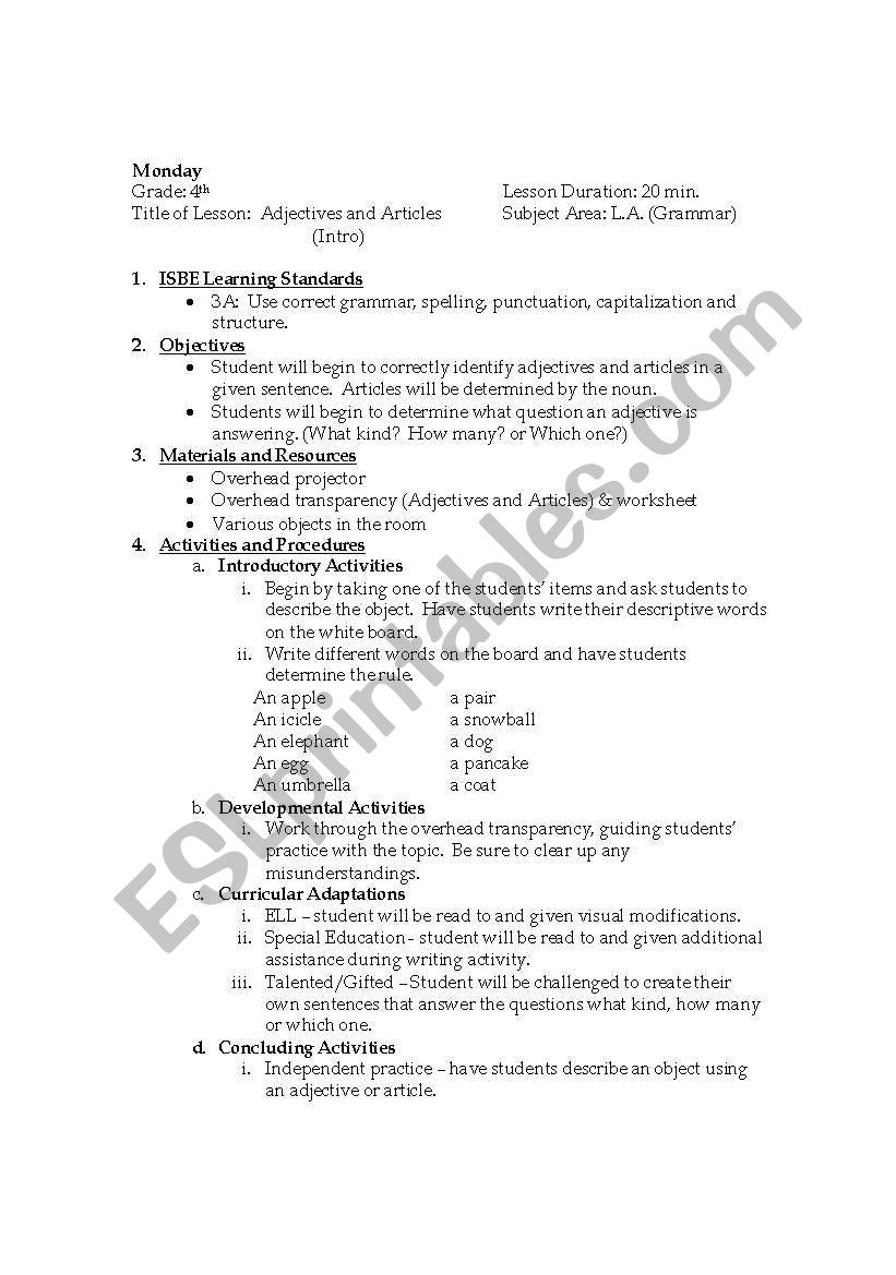 Adjectives and articles worksheet
