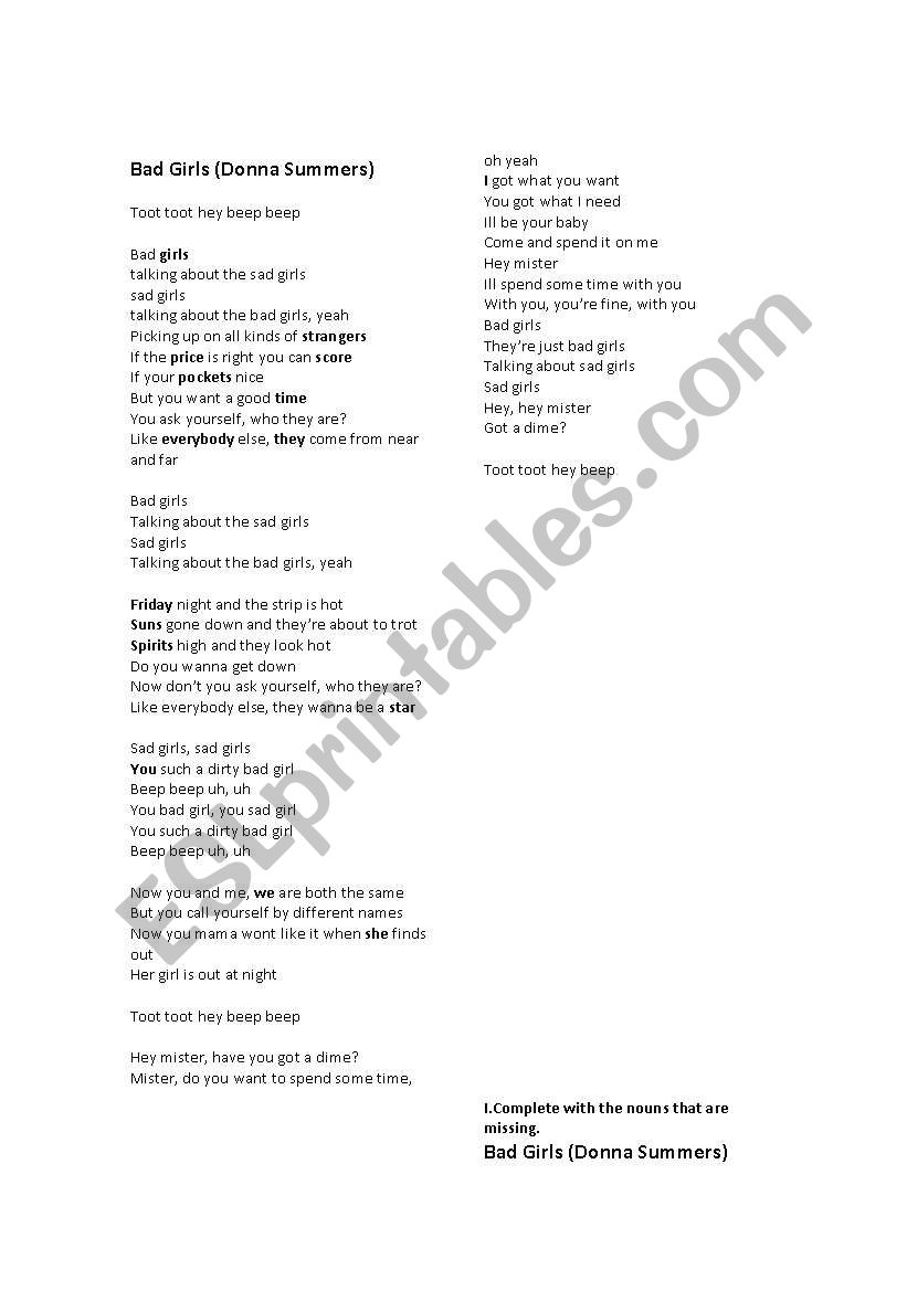 bad girls song worksheet