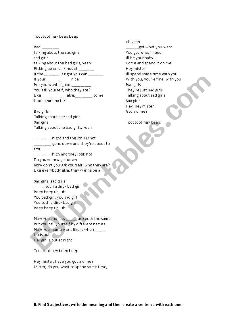 English Worksheets Bad Girls Song