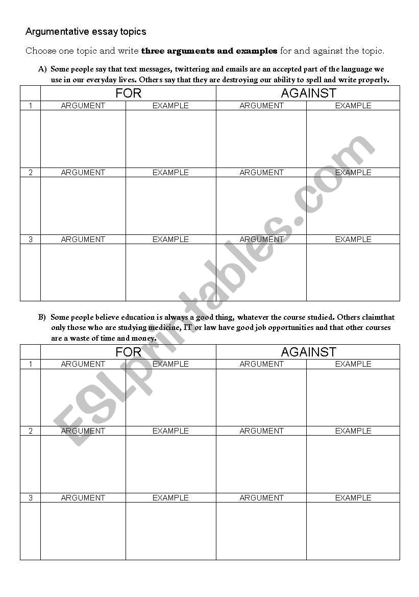 Argumentative essay topics and argument tables