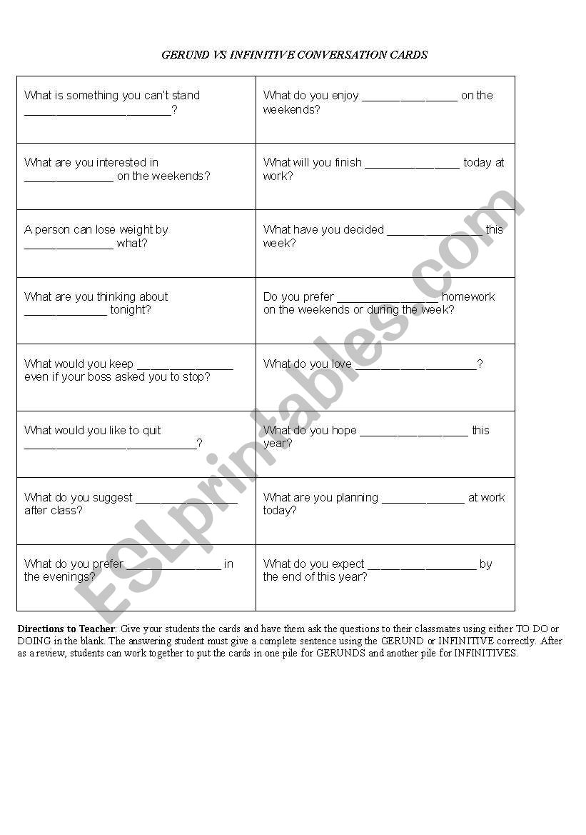 Gerund  or Infinitive Conversation Cards