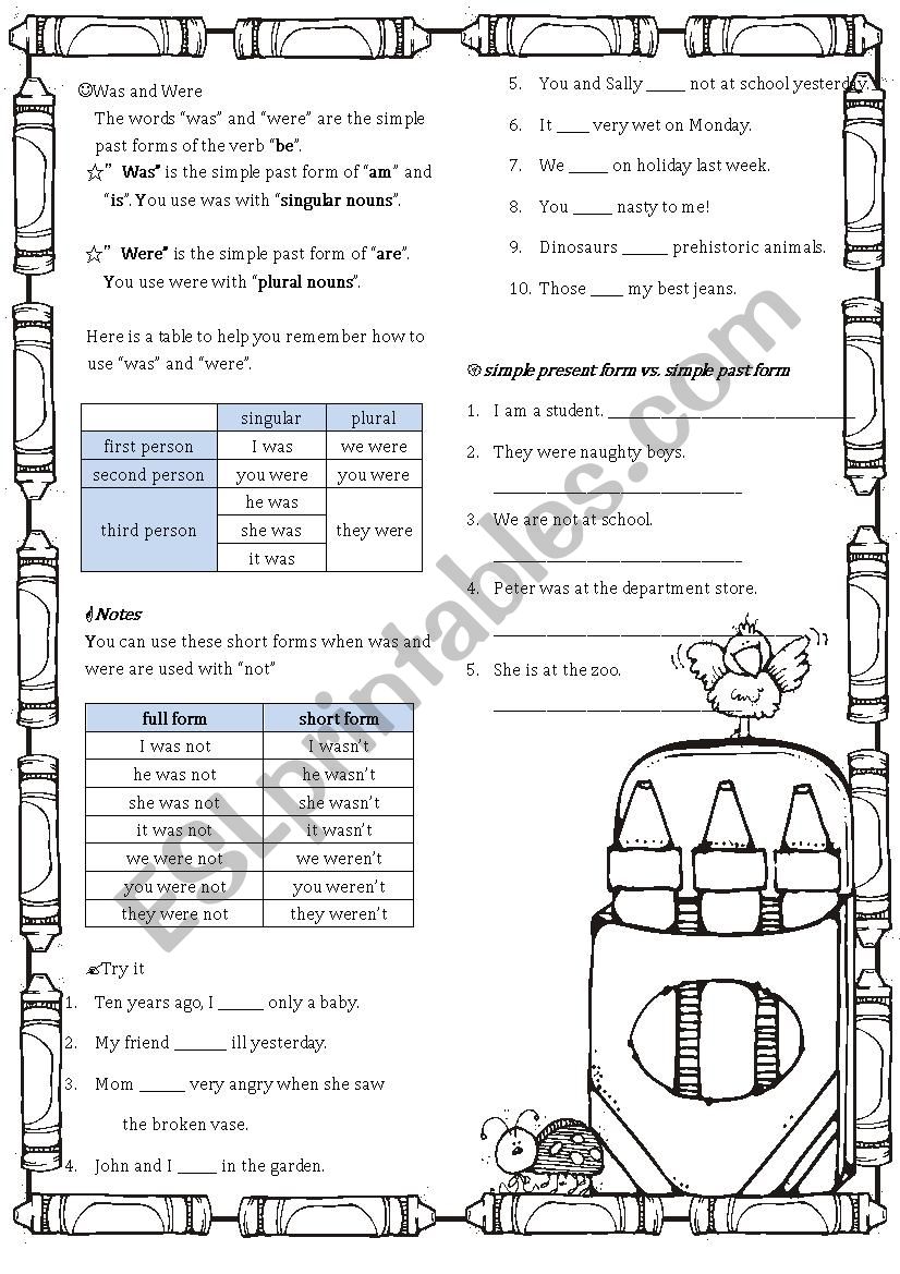 Was and Were worksheet