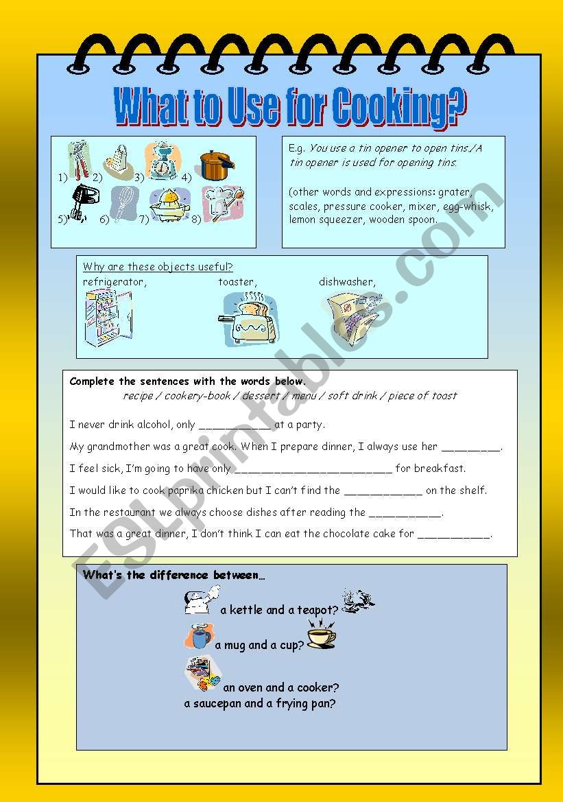 cooking and dishes worksheet