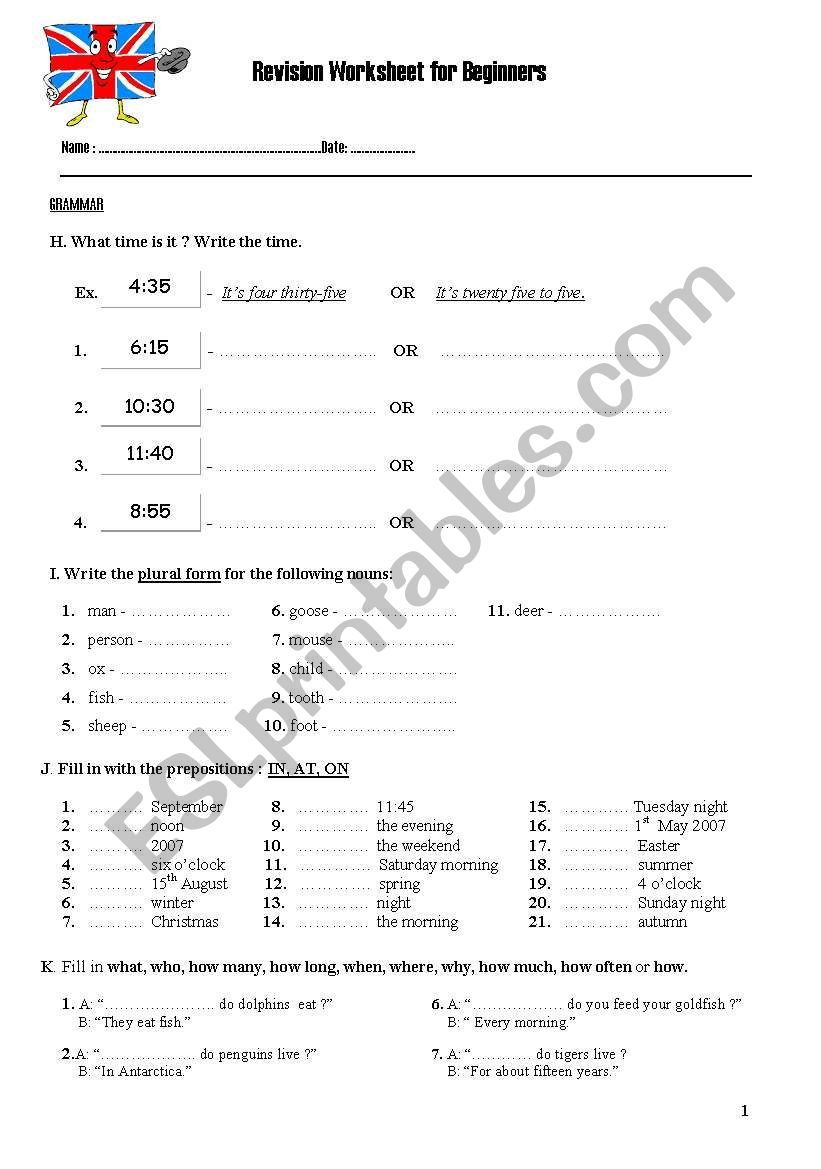 REVISION WORKSHEET FOR BEGINNERS - Part II