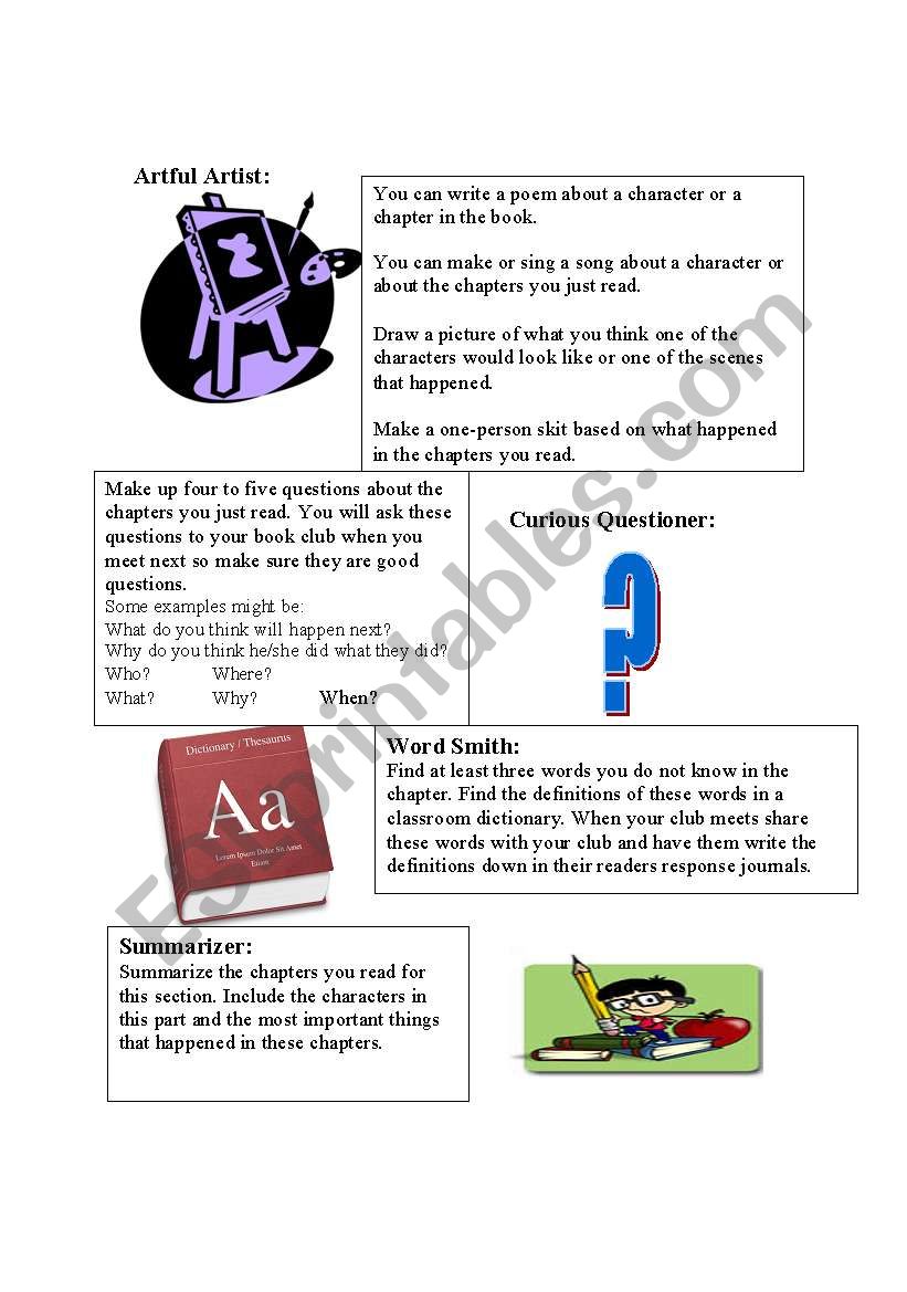 Book Club Roles worksheet