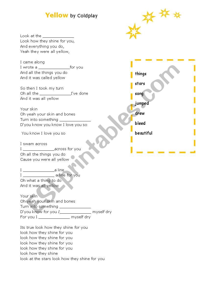 song - yellow by coldplay worksheet