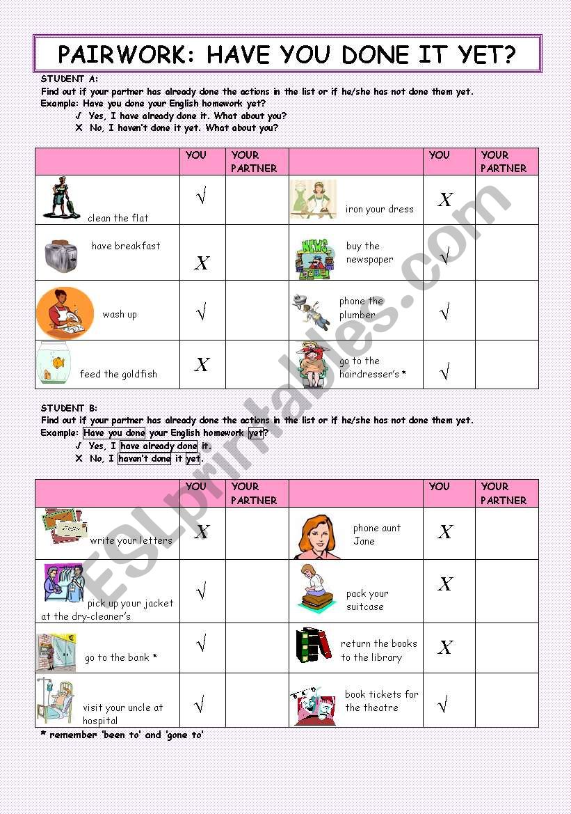 PAIRWORK: Have you done it yet? (Present Perfect)