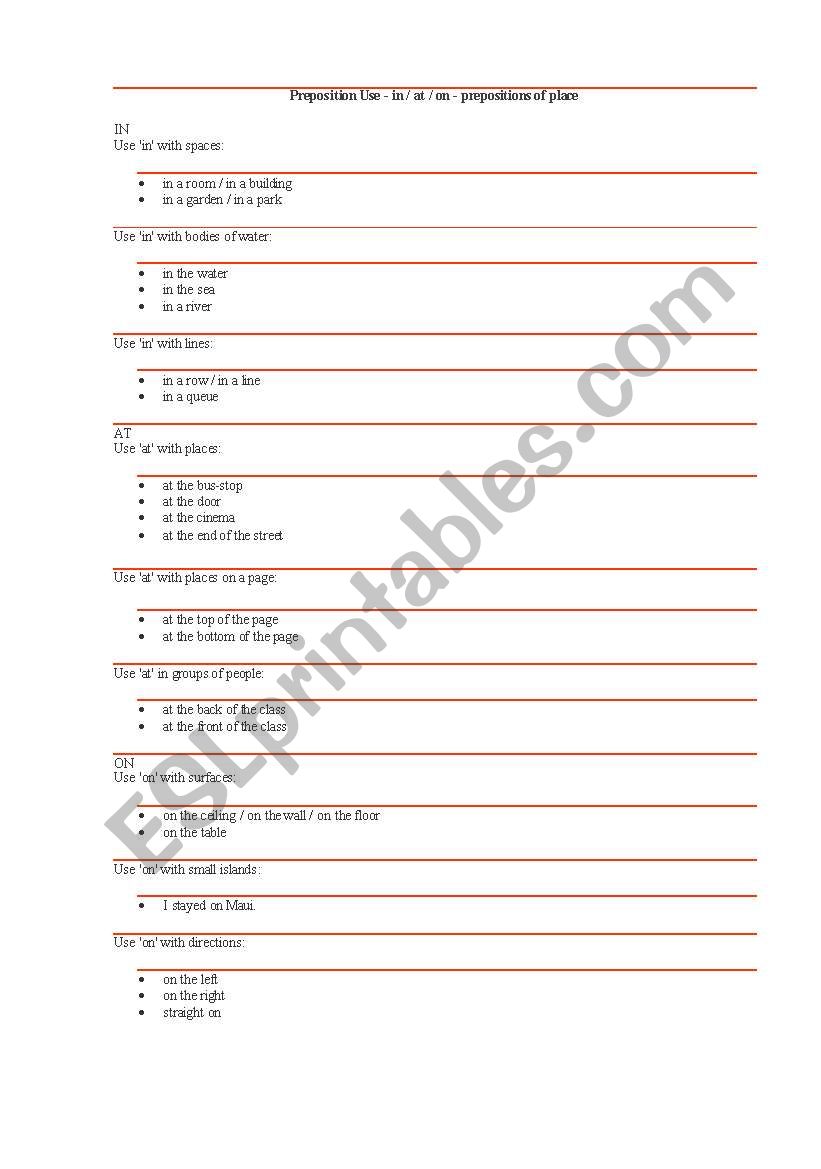 Use of prepositions of place  worksheet