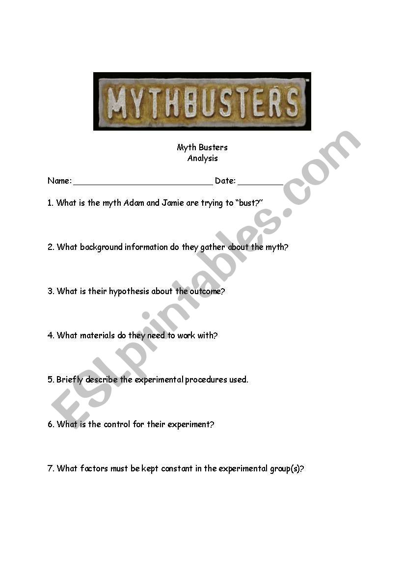 Mythbusters Episode Anaylsis worksheet