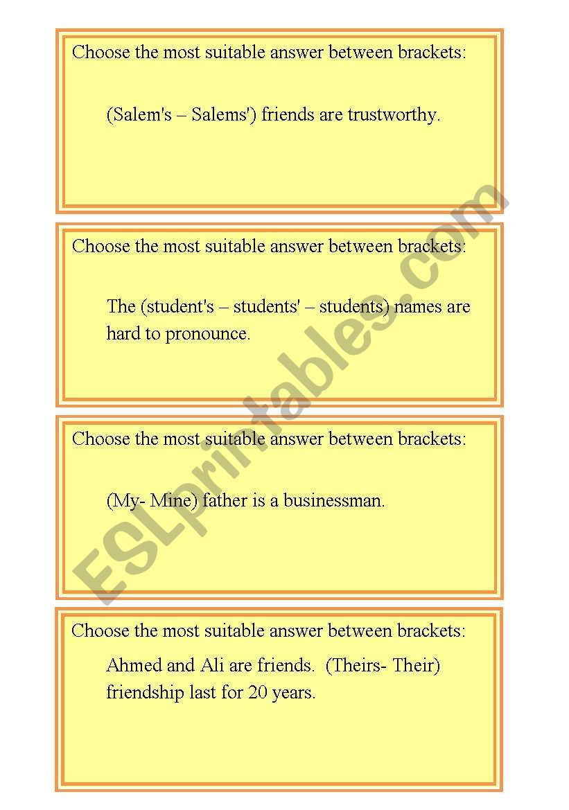 Possessives cards worksheet