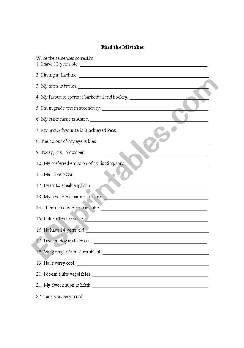 Find the Mistakes worksheet