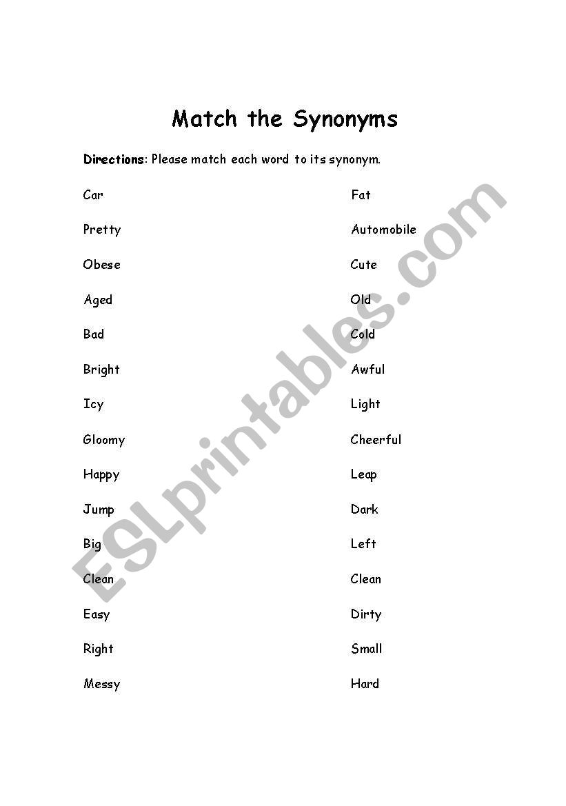 Match the Synonyms worksheet