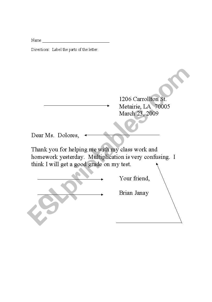 Parts of a Friendly Letter worksheet