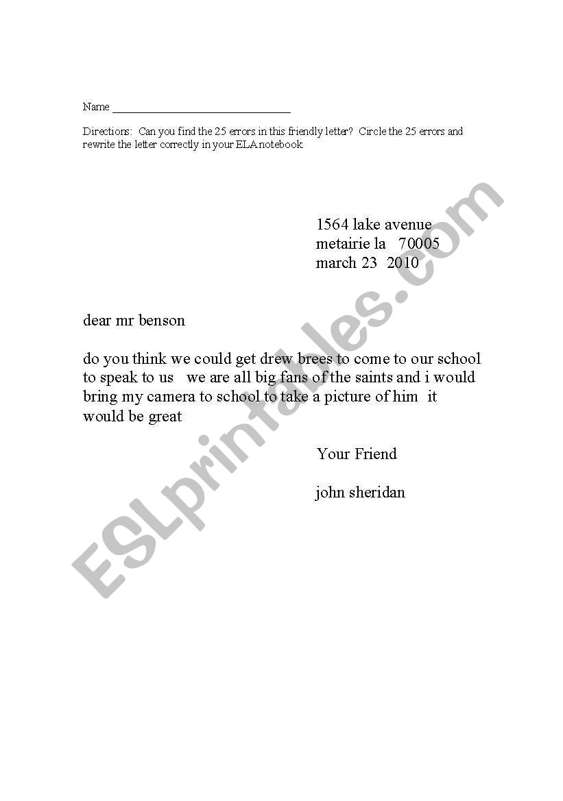 Friendly Letter worksheet