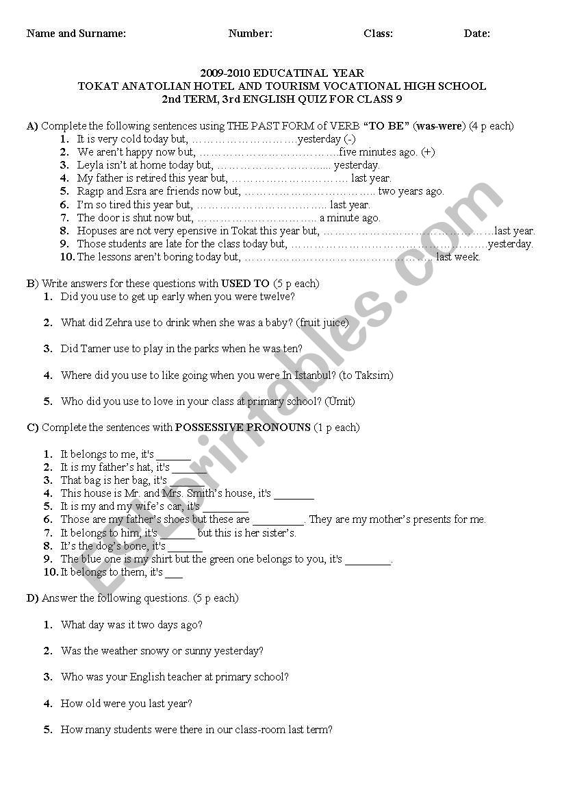 2009-2010 EDUCATINAL YEAR 2nd TERM, 3rd ENGLISH QUIZ FOR  ANATOLIAN HIGH SCHOOLS CLASS 9