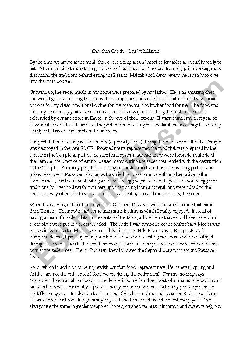 The Passover Meal worksheet