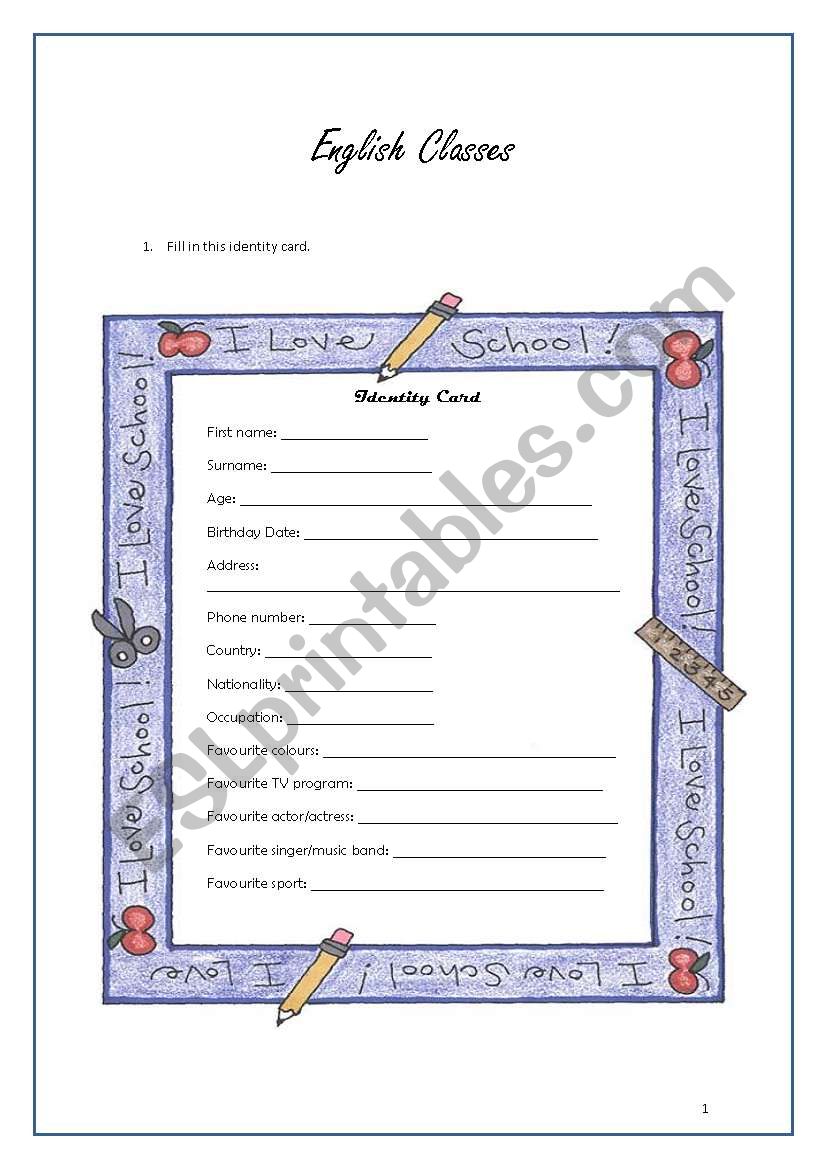 Identity card worksheet