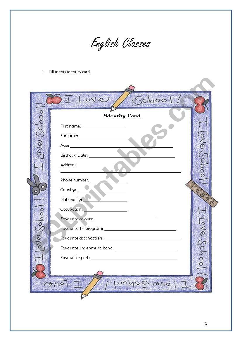 Identity card worksheet