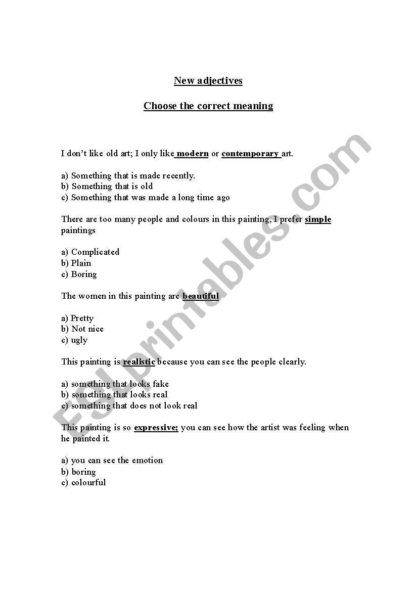 Adjectives describing Art worksheet