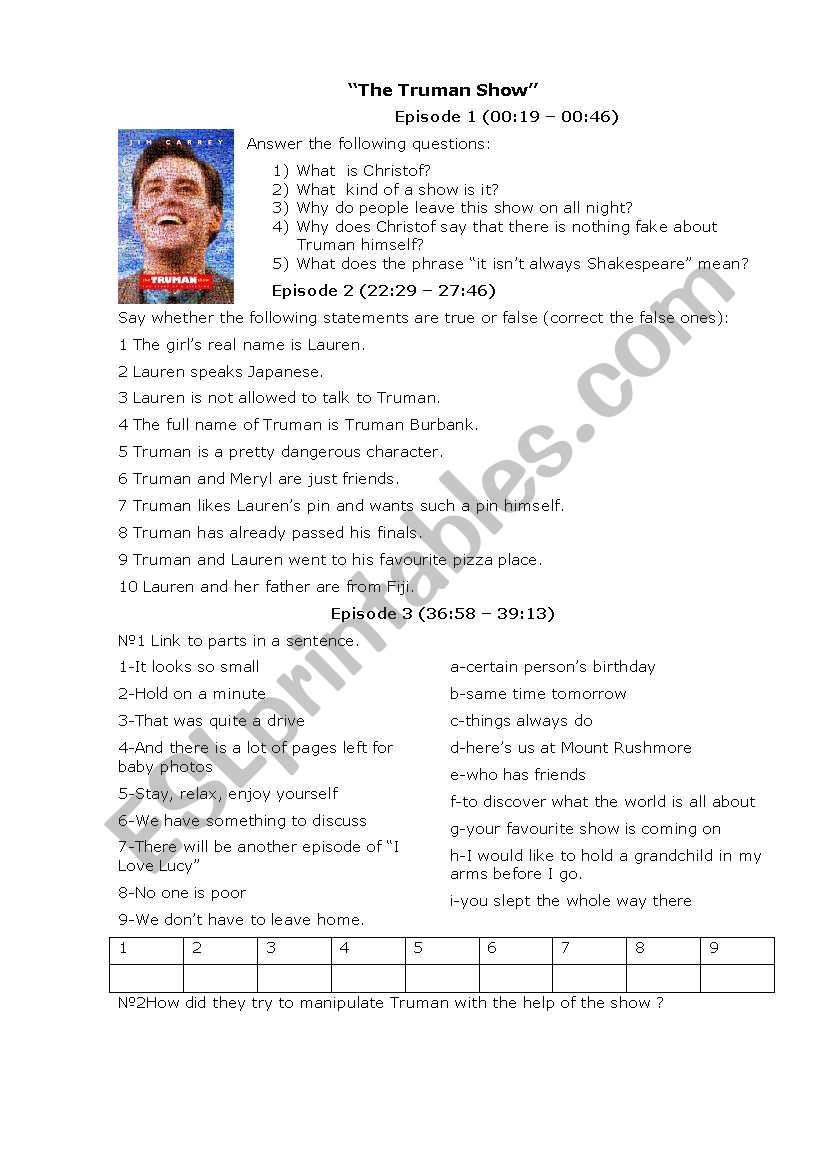 TRUMAN SHOW worksheet