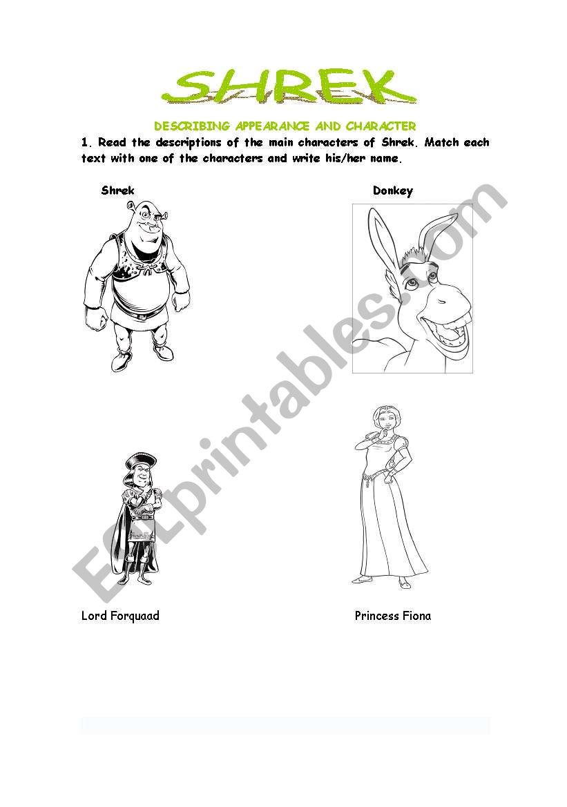 Shreks characters worksheet