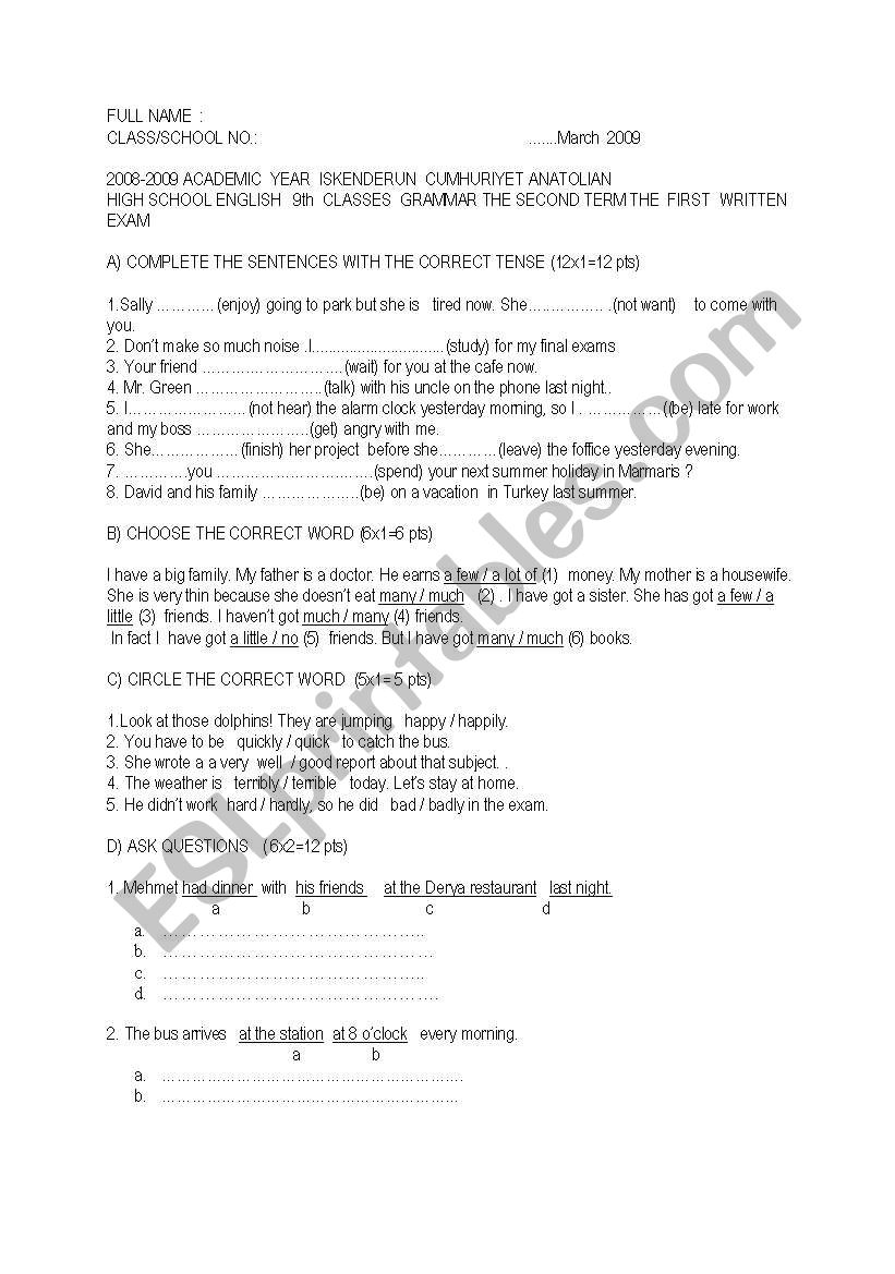 Grammar Grade I worksheet