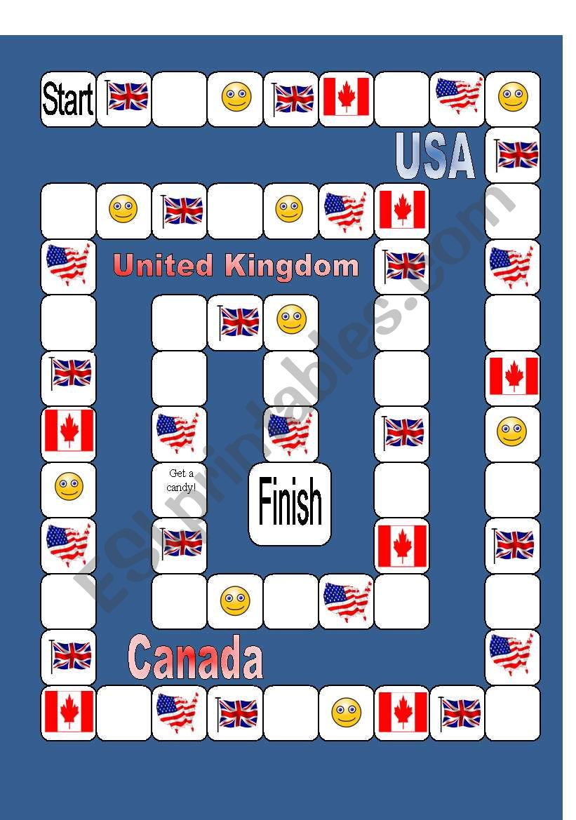 Board Game: UK/USA/Canada worksheet