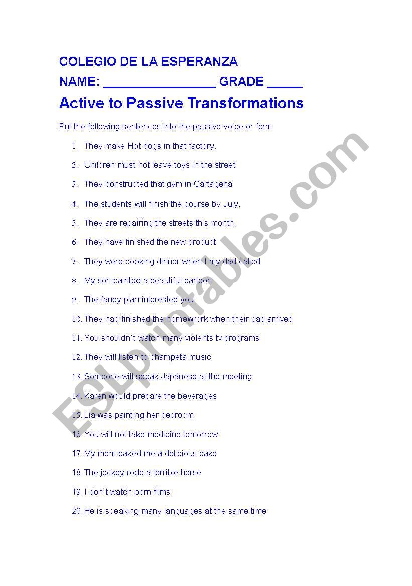 PASSIVE VOICE TRANSFORMATION worksheet