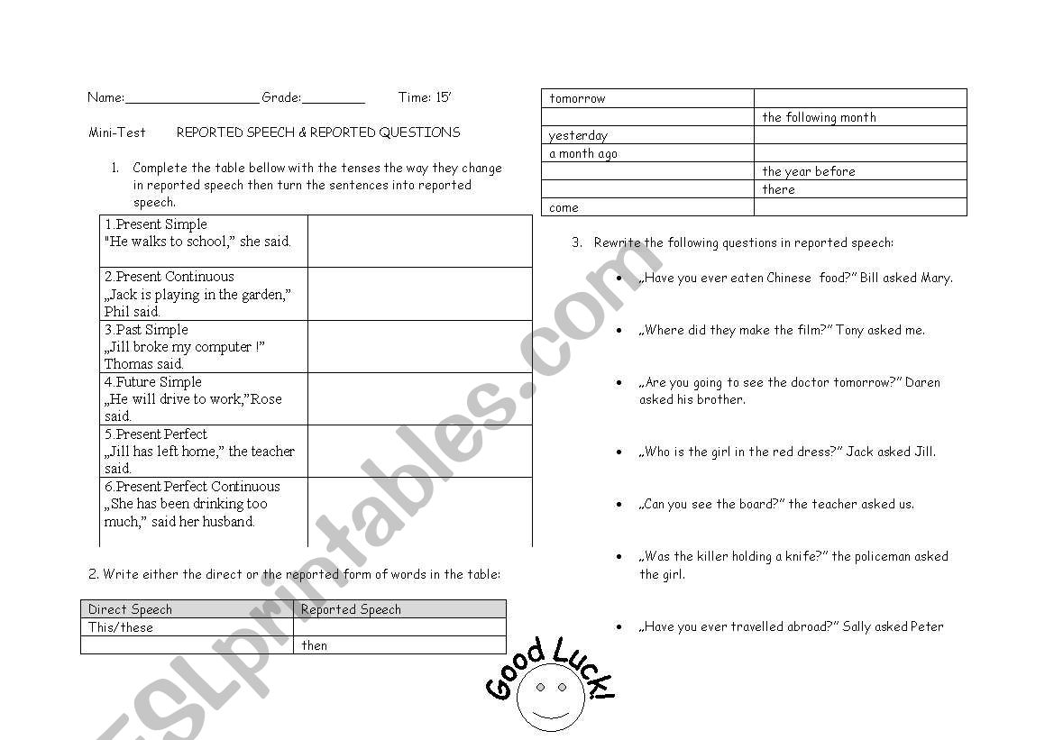 Reported Speech short test worksheet