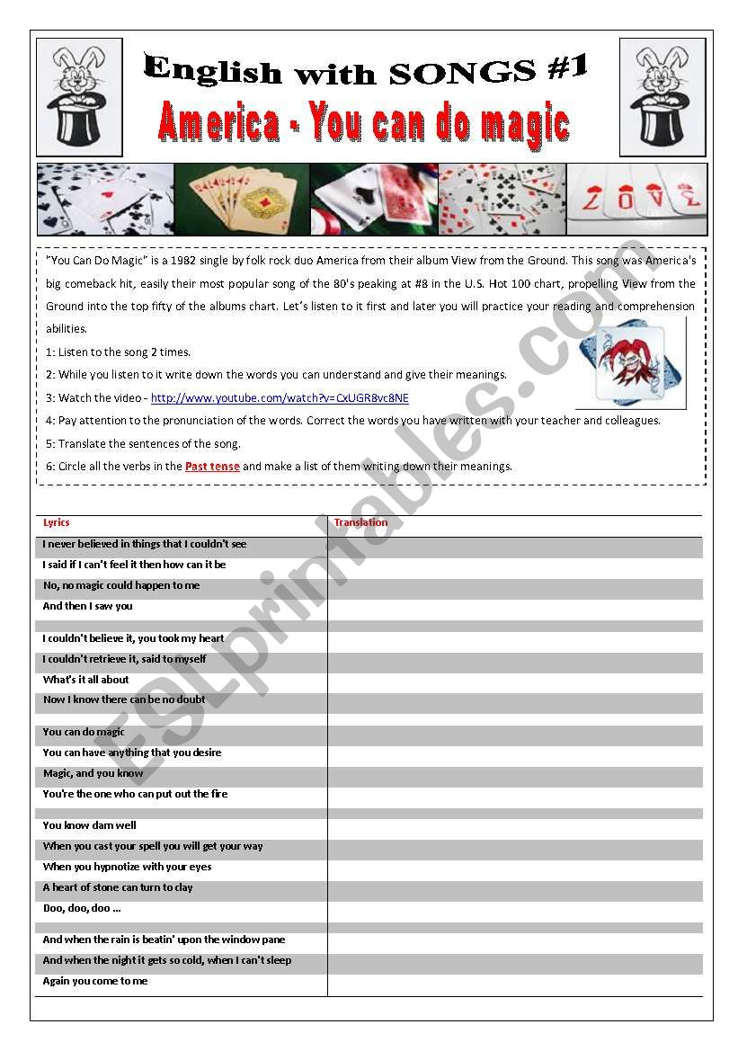 ENGLISH WITH SONGS #1# - (11 pages) - America YOU CAN DO MAGIC with 10 activities + 1 extra game/Competition