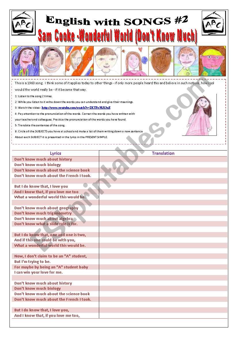 ENGLISH WITH SONGS #2# - (3 pages) - SAM COOKE - WONDERFUL WORLD (DON´T KNOW MUCH) with 10 activities + 1 extra Activity about Biographies