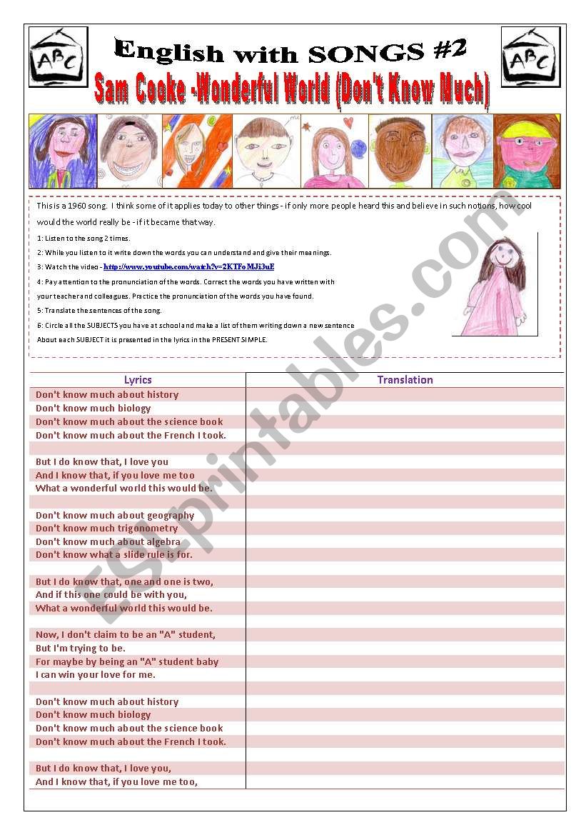 ENGLISH WITH SONGS #2# - (3 pages) - SAM COOKE - WONDERFUL WORLD (DONÂ´T KNOW MUCH) with 10 activities + 1 extra Activity about Biographies