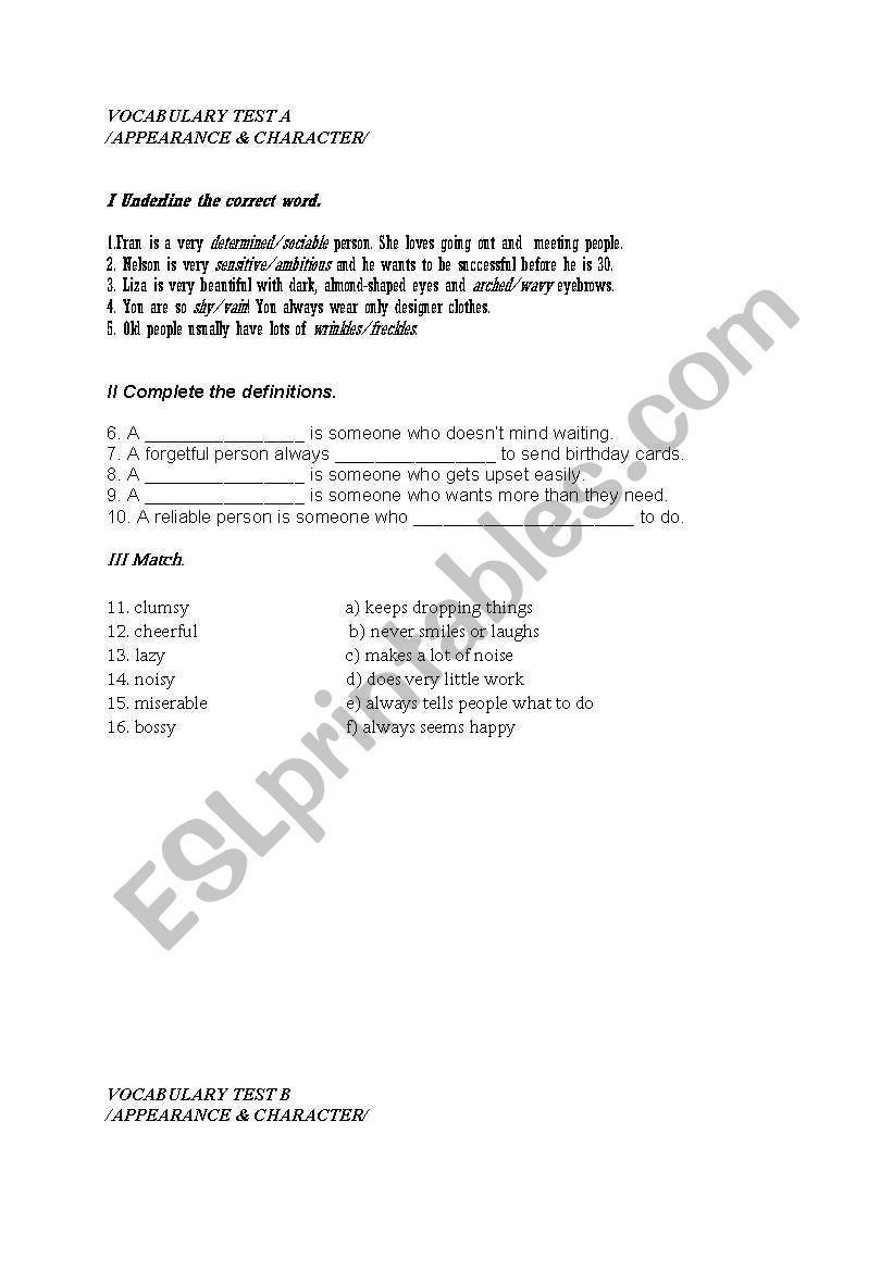 English worksheets: APPEARANCE AND CHARACTER TEST