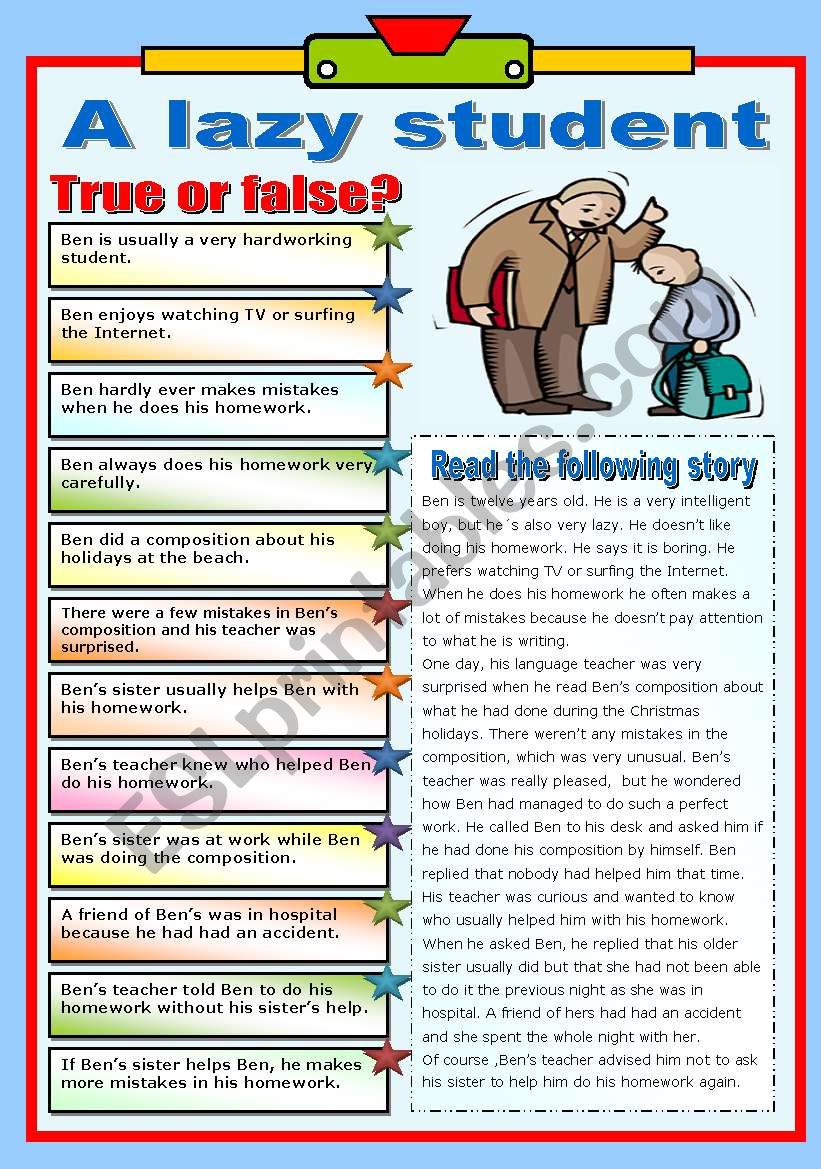 A LAZY STUDENT - READING AND COMPREHENSION - TWO PAGES (B&W VERSION INCLUDED)